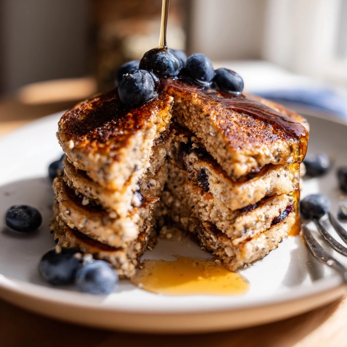 Stack of warm protein banana pancakes topped with walnuts and berries on a rustic wooden breakfast table