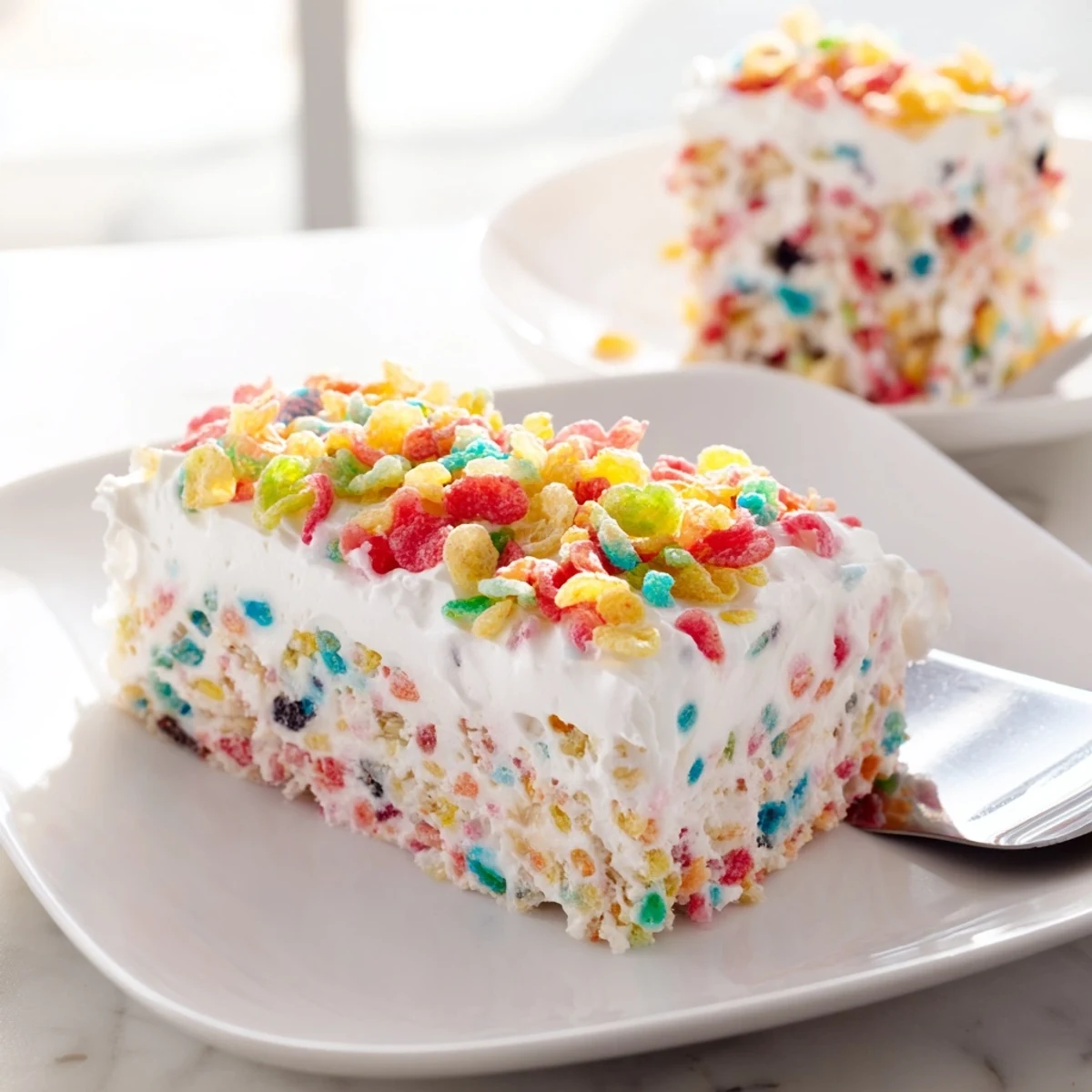 Vibrant Fruity Pebbles cereal frosting piped onto cupcakes with colorful cereal garnish