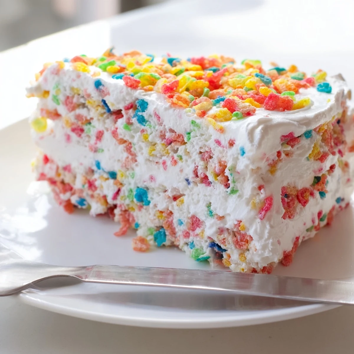 Fluffy buttercream frosting studded with rainbow Fruity Pebbles cereal on a white cake