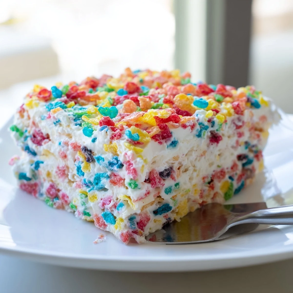 Spoonful of bright Fruity Pebbles frosting showing mixed cereal pieces in creamy texture