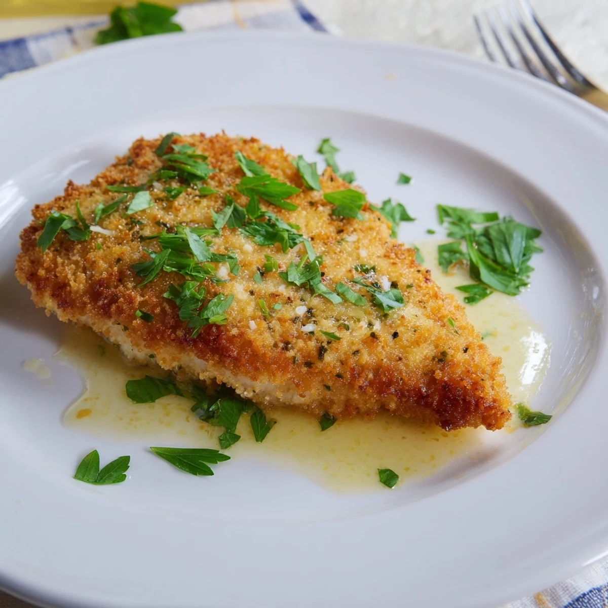 Golden Lemon Chicken Romano cutlets with crispy Romano breadcrumb coating served on white plate