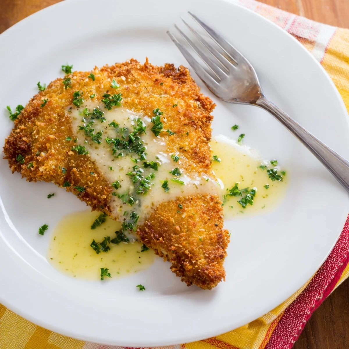 Zesty Lemon Chicken Romano pieces drizzled with light lemon garlic sauce and fresh parsley garnish