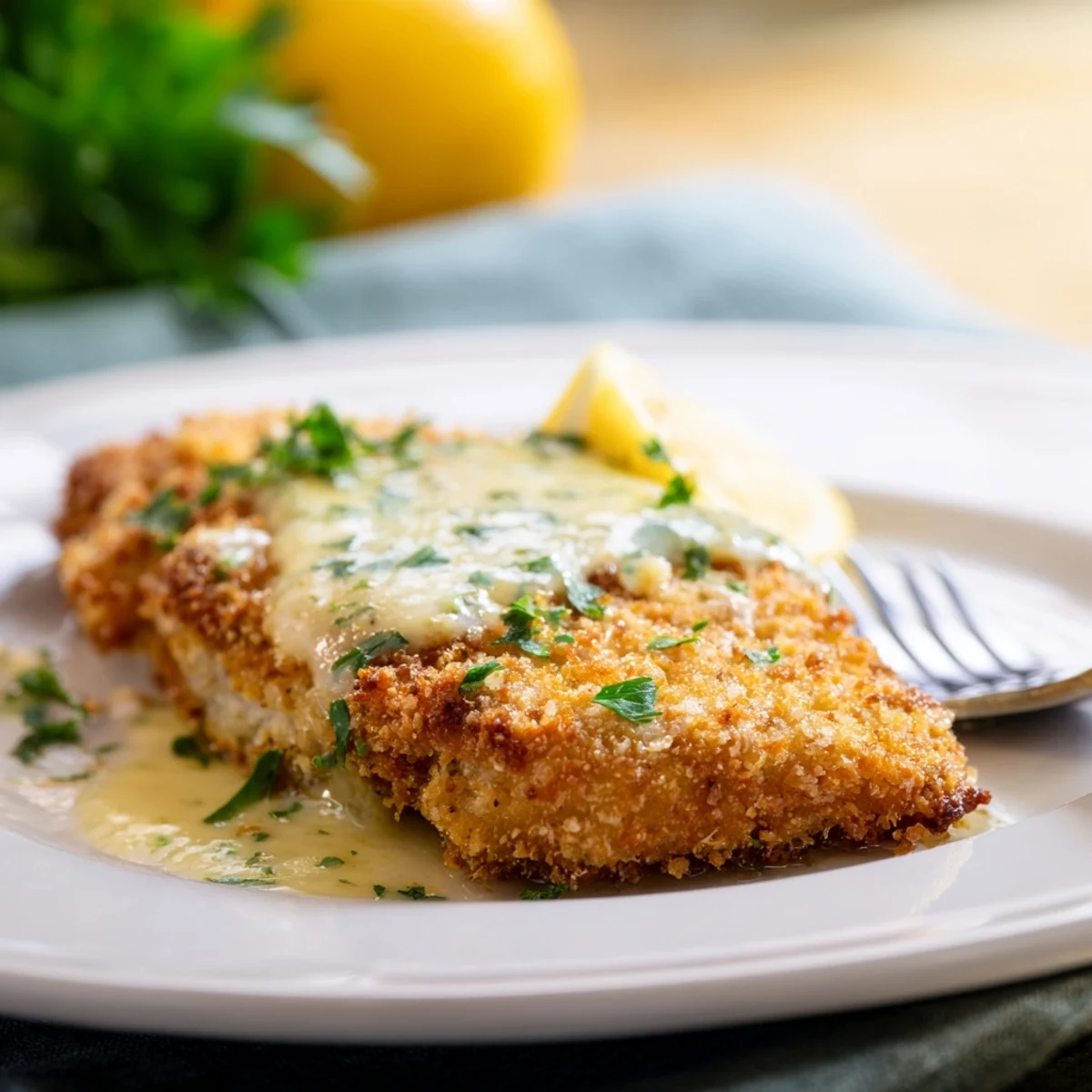 Crispy fried Lemon Chicken Romano breast topped with savory cheese and tangy butter lemon glaze