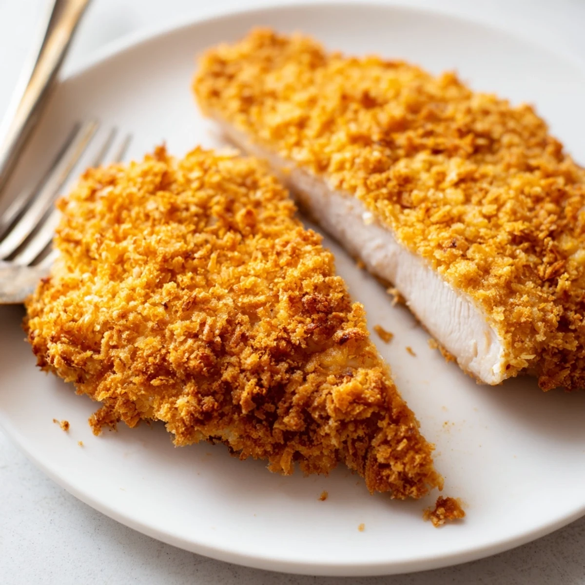 Golden fried chicken breast with crispy coating, juicy meat visible inside, served on white plate