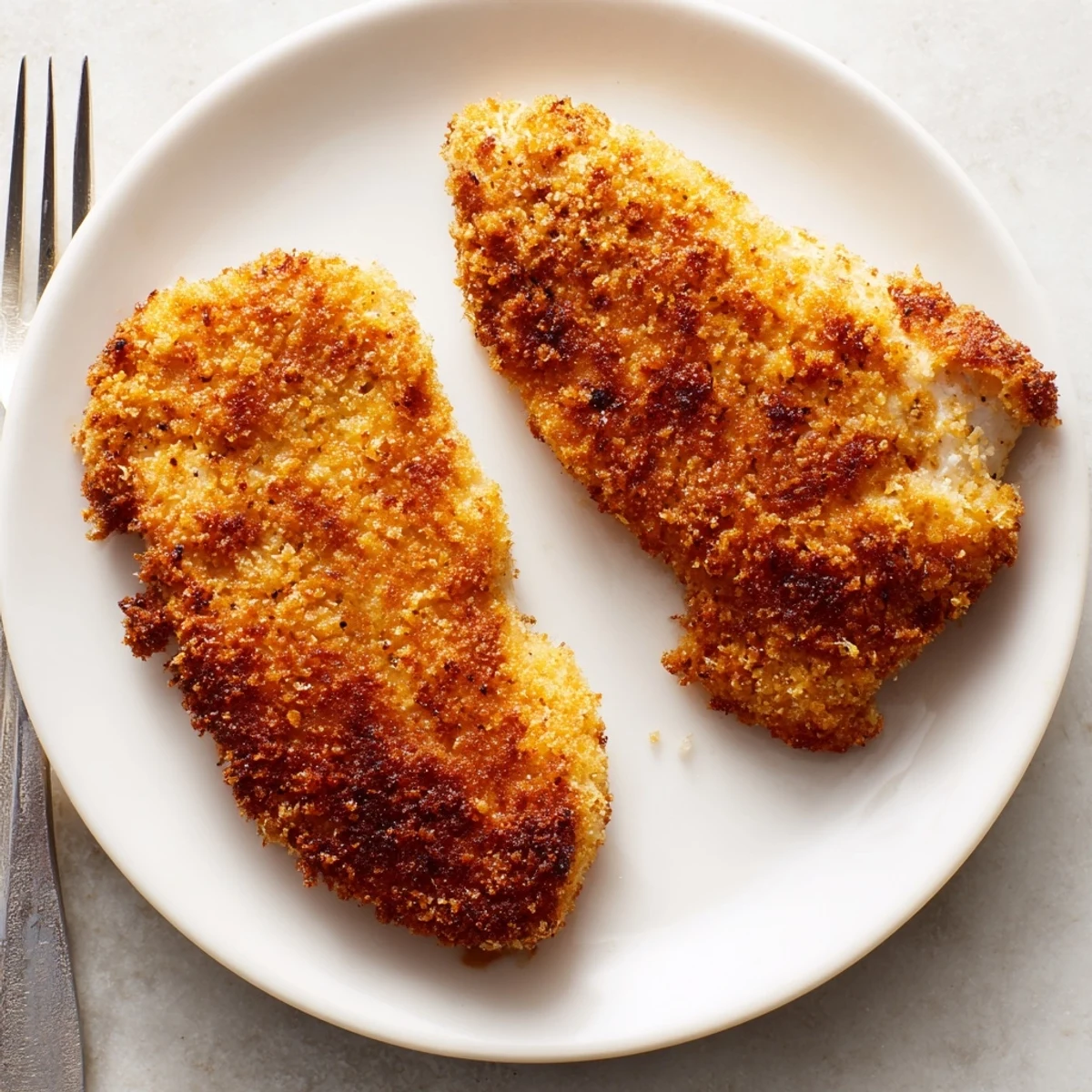 Homemade fried chicken breast cut open revealing juicy white meat, crunchy breadcrumb coating, fork nearby