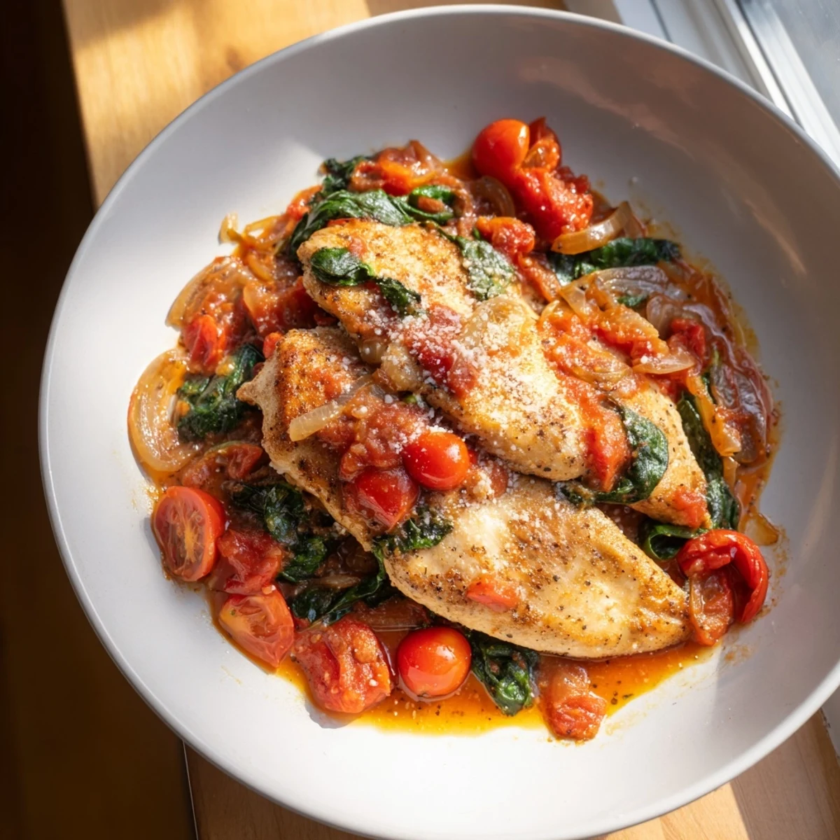 Golden pan-seared chicken breasts nestled in a vibrant tomato and spinach skillet with melted parmesan