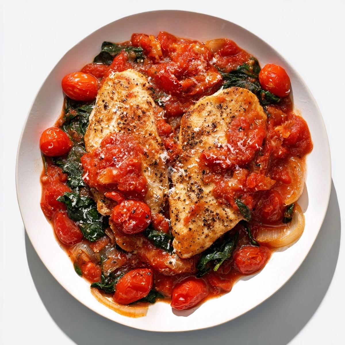 Weeknight chicken dinner featuring tender meat surrounded by wilted spinach and bursting tomato flavors
