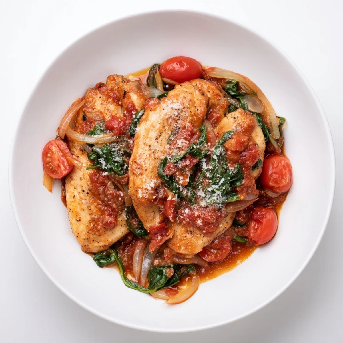 Savory chicken simmered with fresh spinach and juicy cherry tomatoes in a rustic one-pan dinner