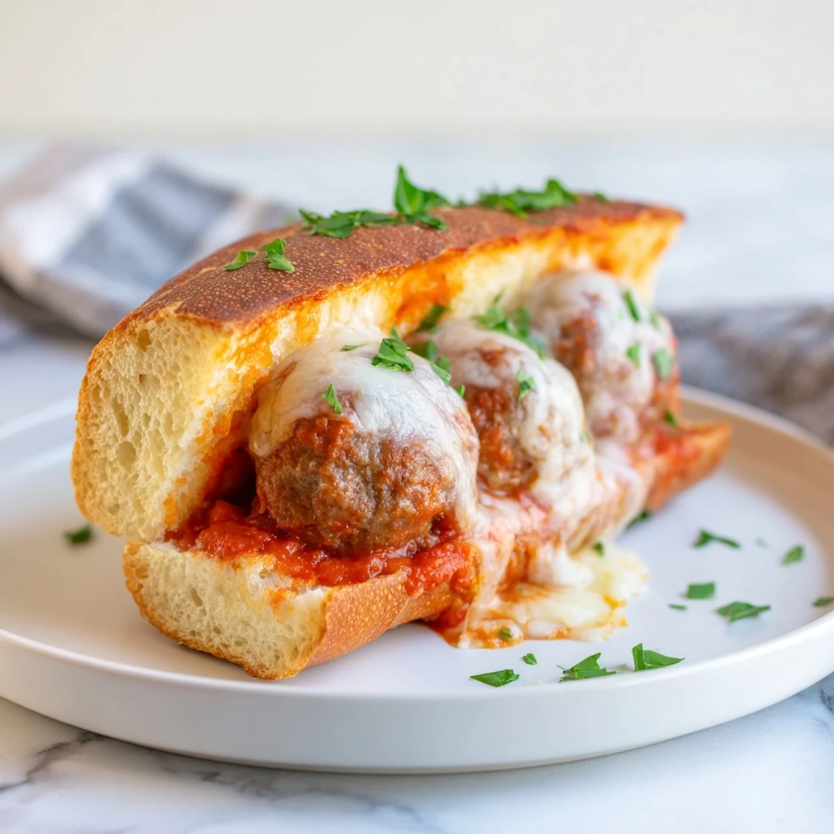 Warm cheesy meatball subs featuring tender beef meatballs smothered in garlic butter toasted rolls with gooey cheese