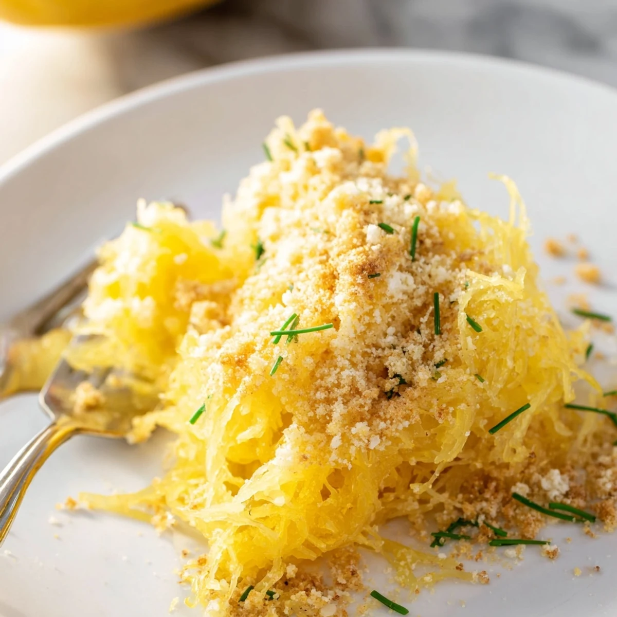 Roasted spaghetti squash strands tossed in rich cheese sauce with golden Gruyère and sharp cheddar