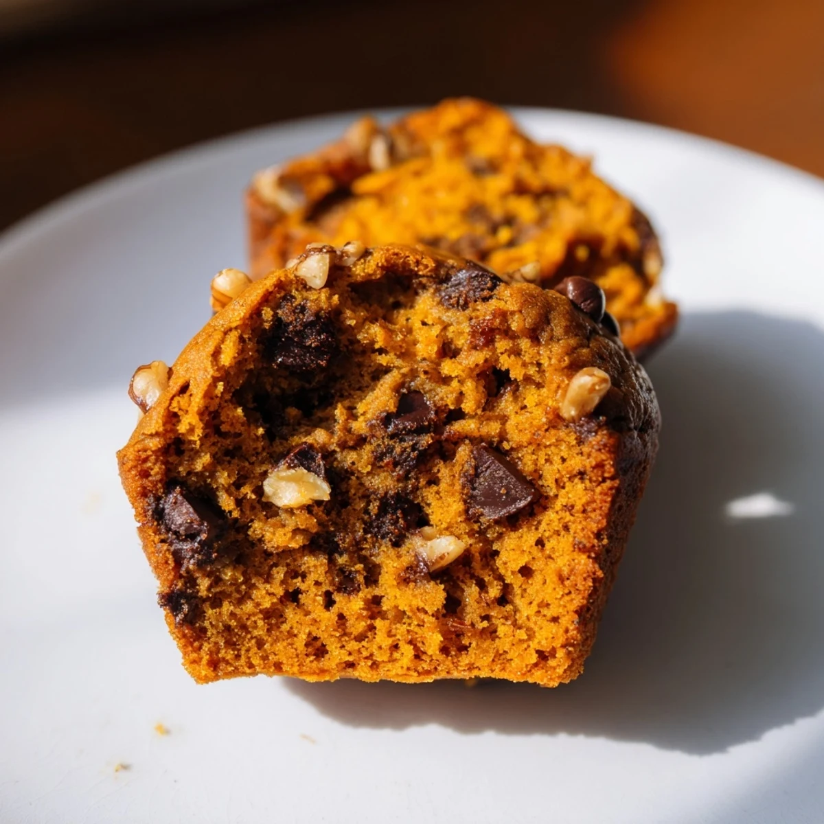 Golden butternut squash banana muffins topped with walnuts on a wire cooling rack