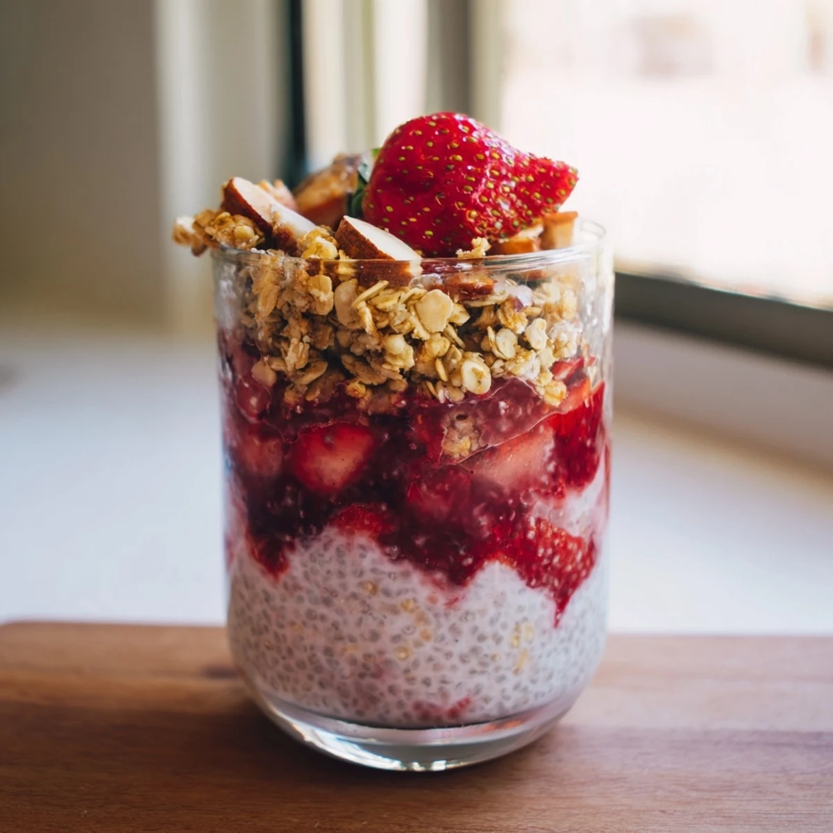Creamy chia pudding layered with sweet strawberry compote and crunchy cinnamon oat crumble in clear glass