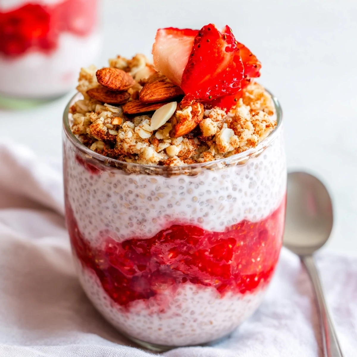 Glass jar displaying layered strawberry crumble chia pudding with vibrant red compote and golden oat topping