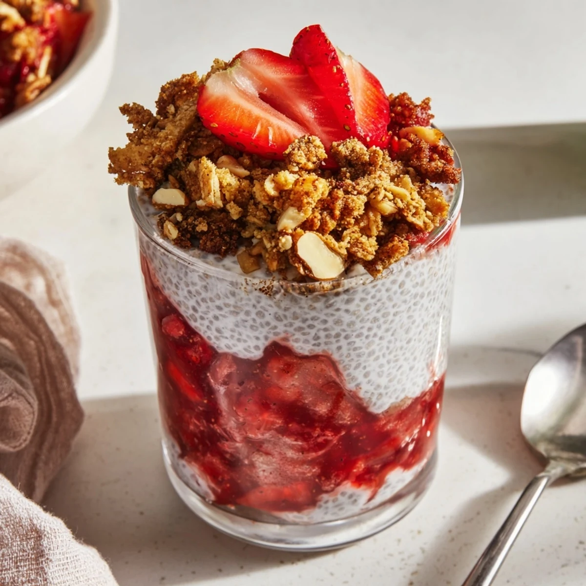 Close-up of strawberry crumble chia pudding showing fresh berry layers and textured nutty oat topping