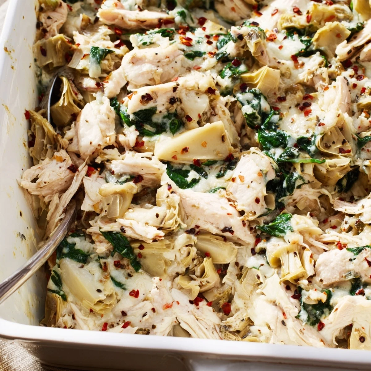 Creamy gluten-free spinach artichoke chicken casserole bubbling in a white baking dish