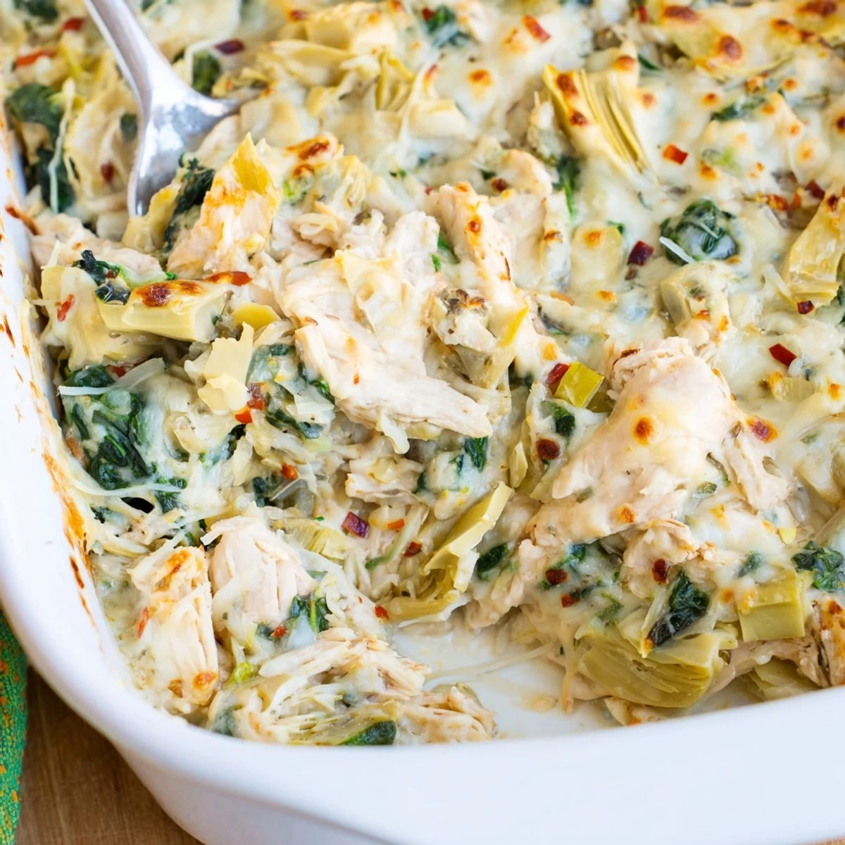 Golden baked spinach artichoke chicken casserole with melted mozzarella and fresh spinach