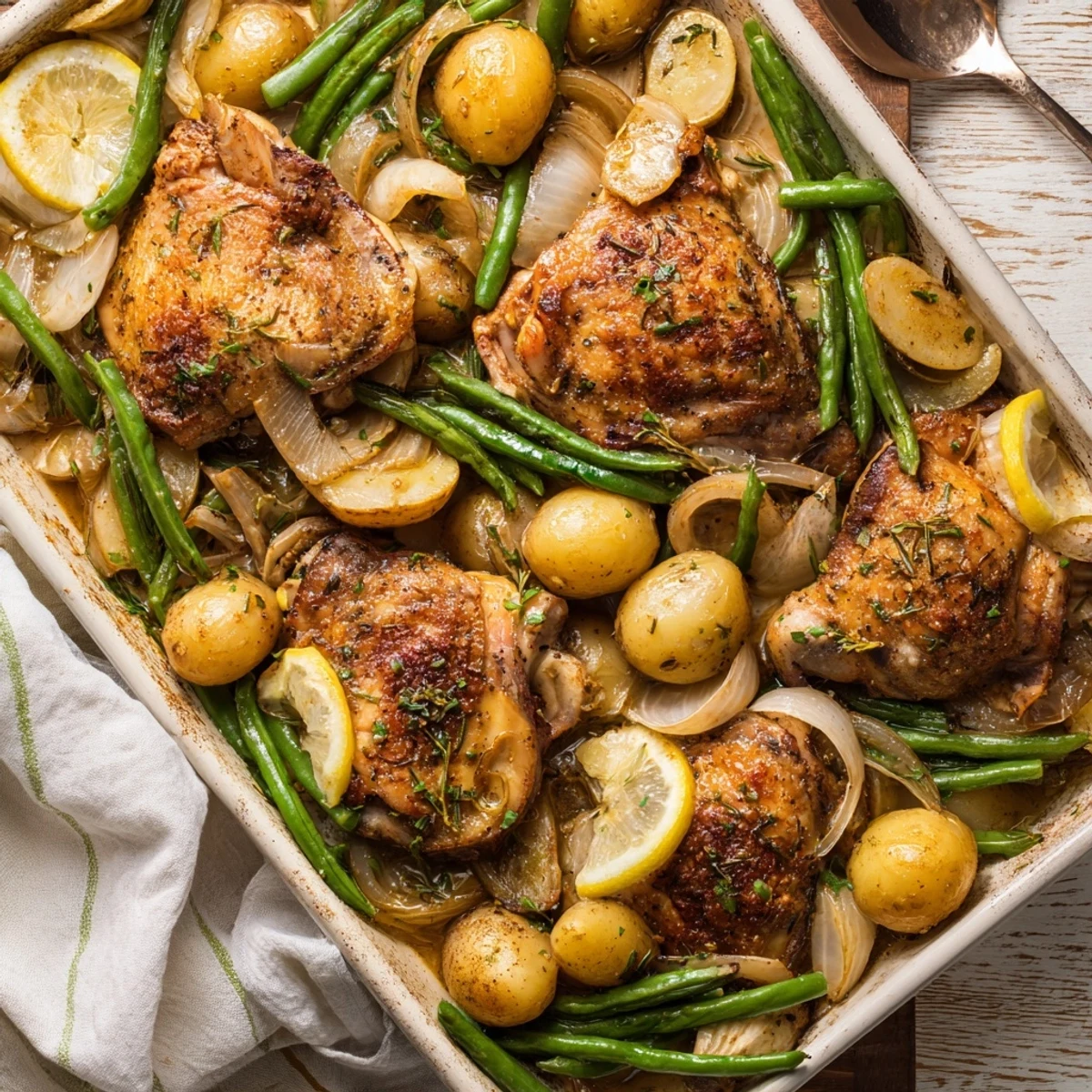 Slow cooker chicken and potatoes with green beans in a rich savory sauce
