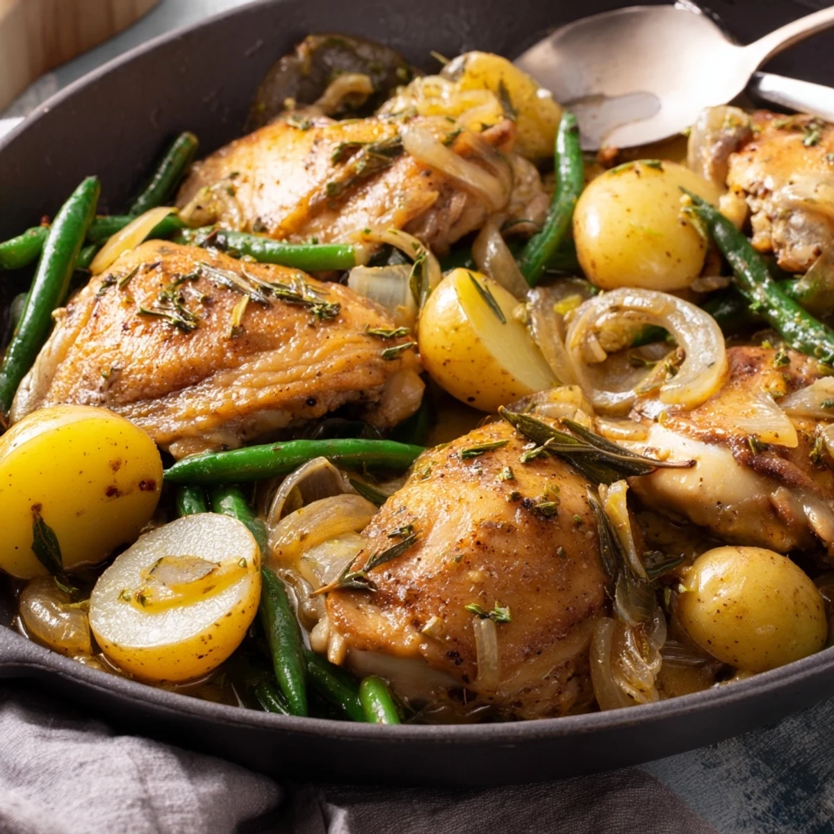Hearty slow cooker chicken and potatoes meal with crisp green beans and herbs