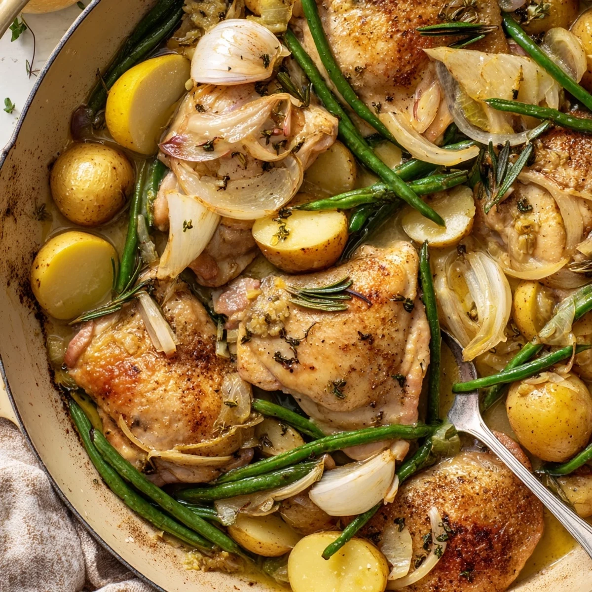 Tender slow cooker chicken thighs nestled with baby potatoes and fresh green beans