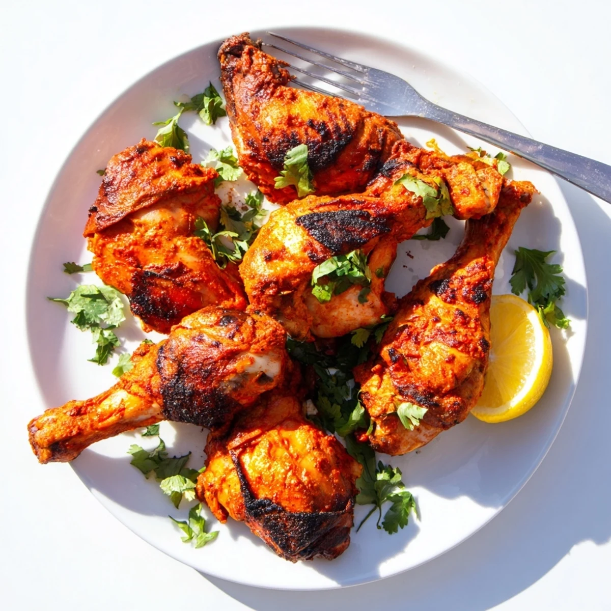 Tandoori chicken pieces with charred edges resting on a white serving platter garnished with fresh green cilantro leaves.
