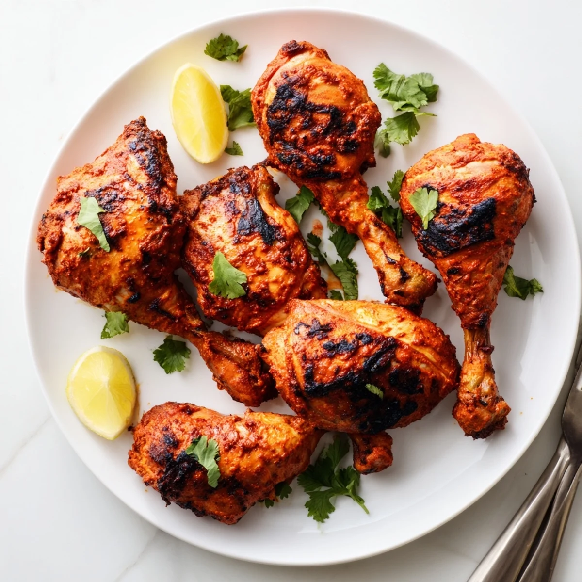 Golden red spiced yogurt marinated tandoori chicken arranged on a wire rack with lemon wedges on the side.