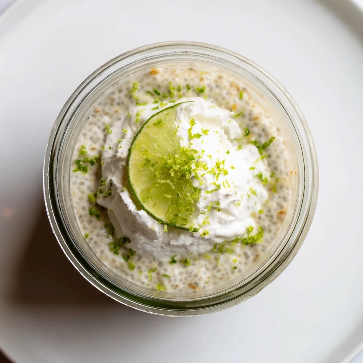 Creamy key lime chia pudding topped with whipped cream and fresh lime slices