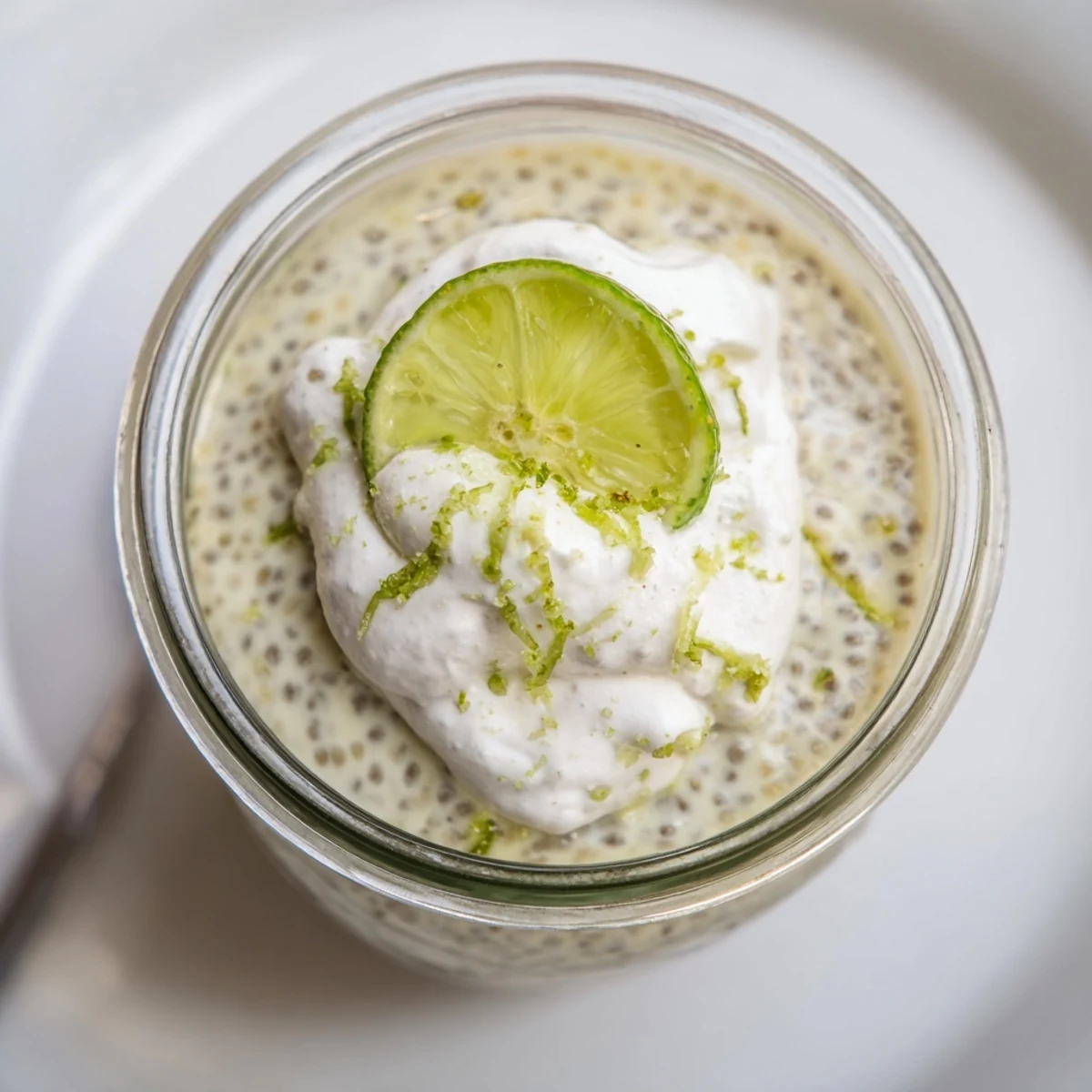 Glass jar of zesty key lime chia pudding sprinkled with graham cracker crumbs