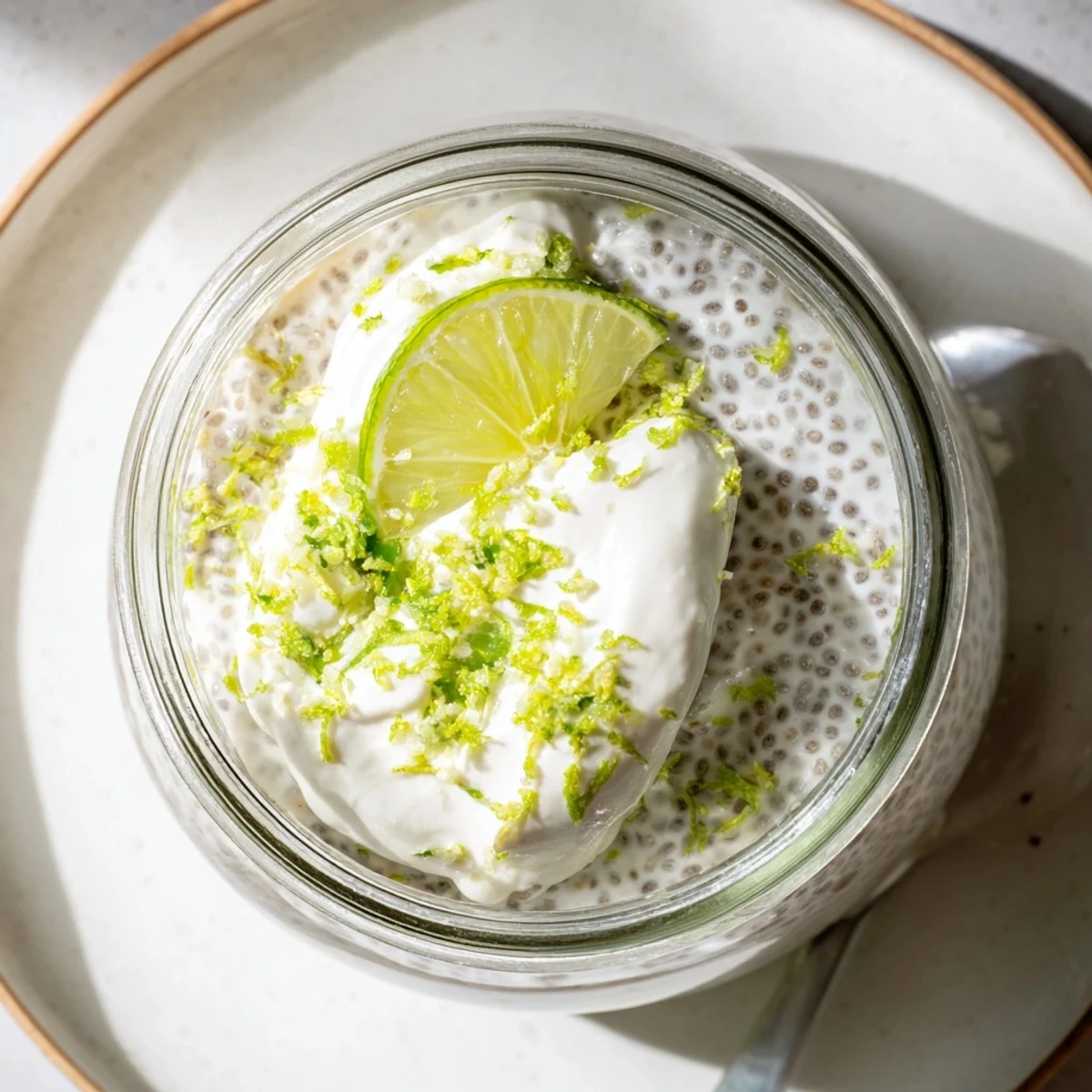 Vegan key lime chia pudding garnished with coconut cream and green lime wedges