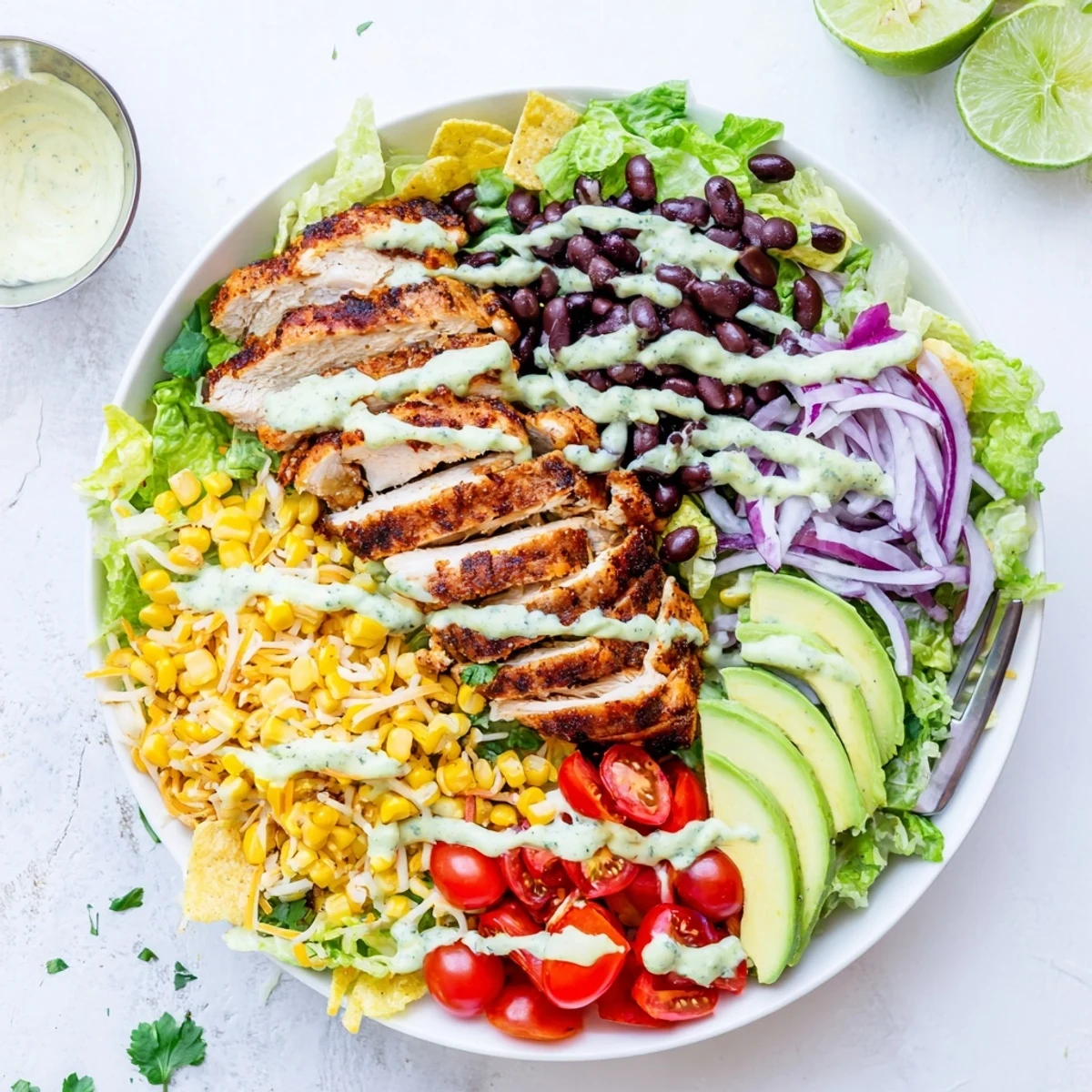 Fresh Southwestern chicken salad featuring juicy spiced grilled chicken over romaine lettuce with black beans, corn, and creamy dressing