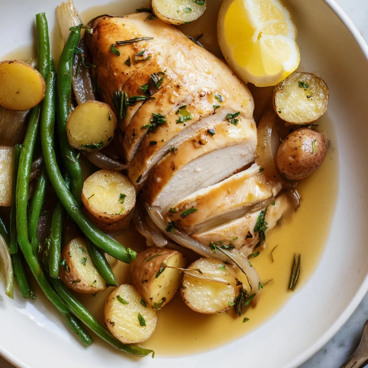 Slow Cooker Chicken And Potatoes With Green Beans steaming broth, garnished with parsley