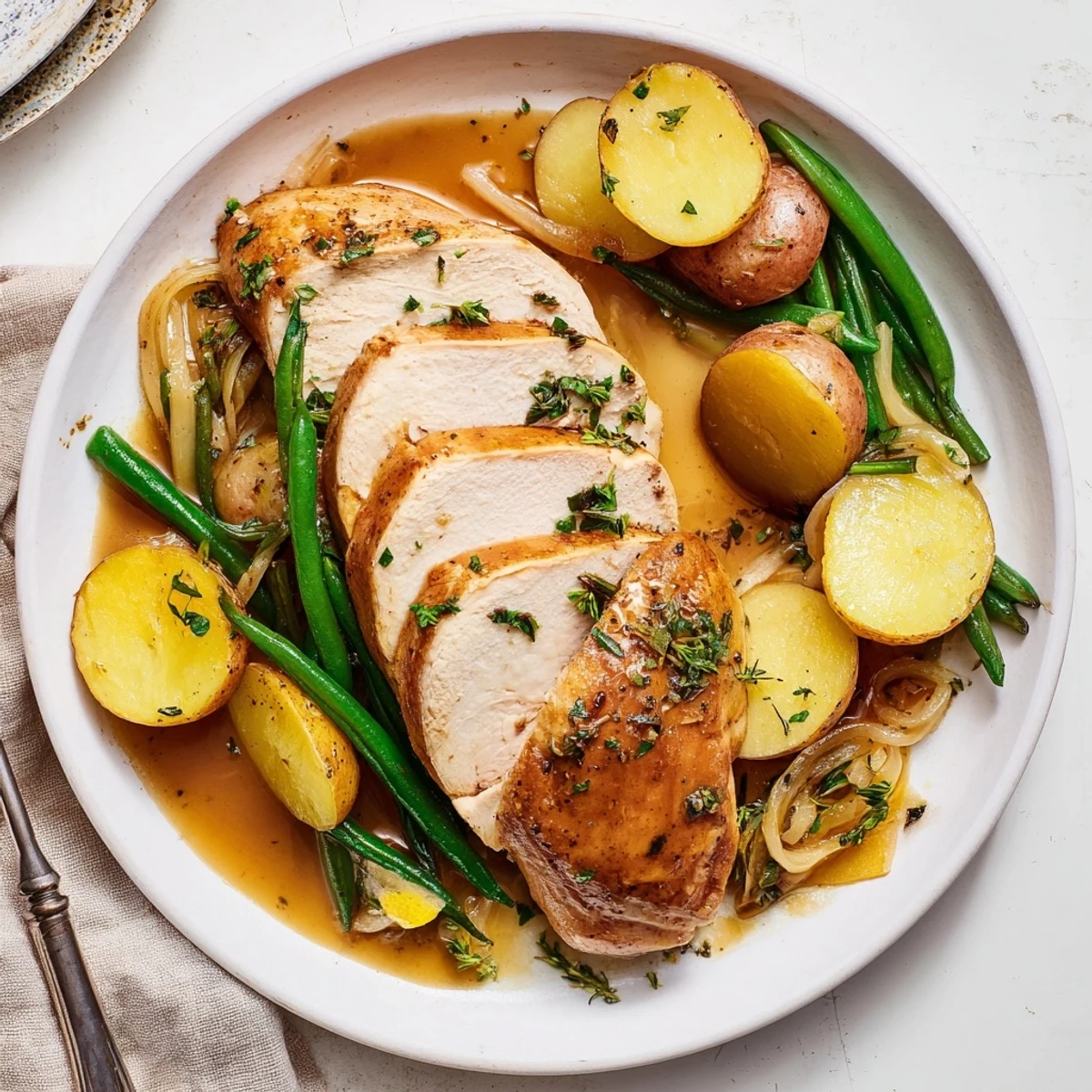 Slow Cooker Chicken And Potatoes With Green Beans tender, lemon wedges ready to squeeze