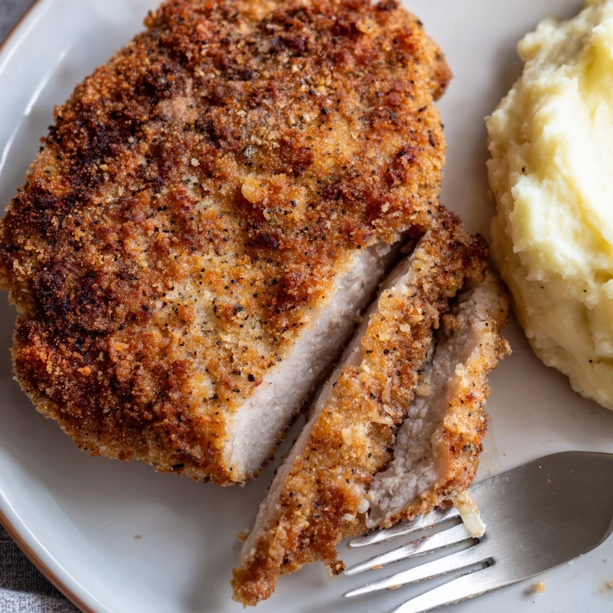 Fried Chicken Breast with golden crispy crust, steaming and juicy inside.