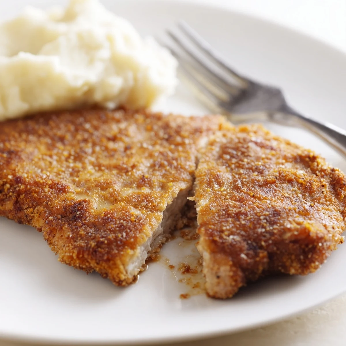 Buttermilk-marinated Fried Chicken Breast, golden edges, served with mashed potatoes.