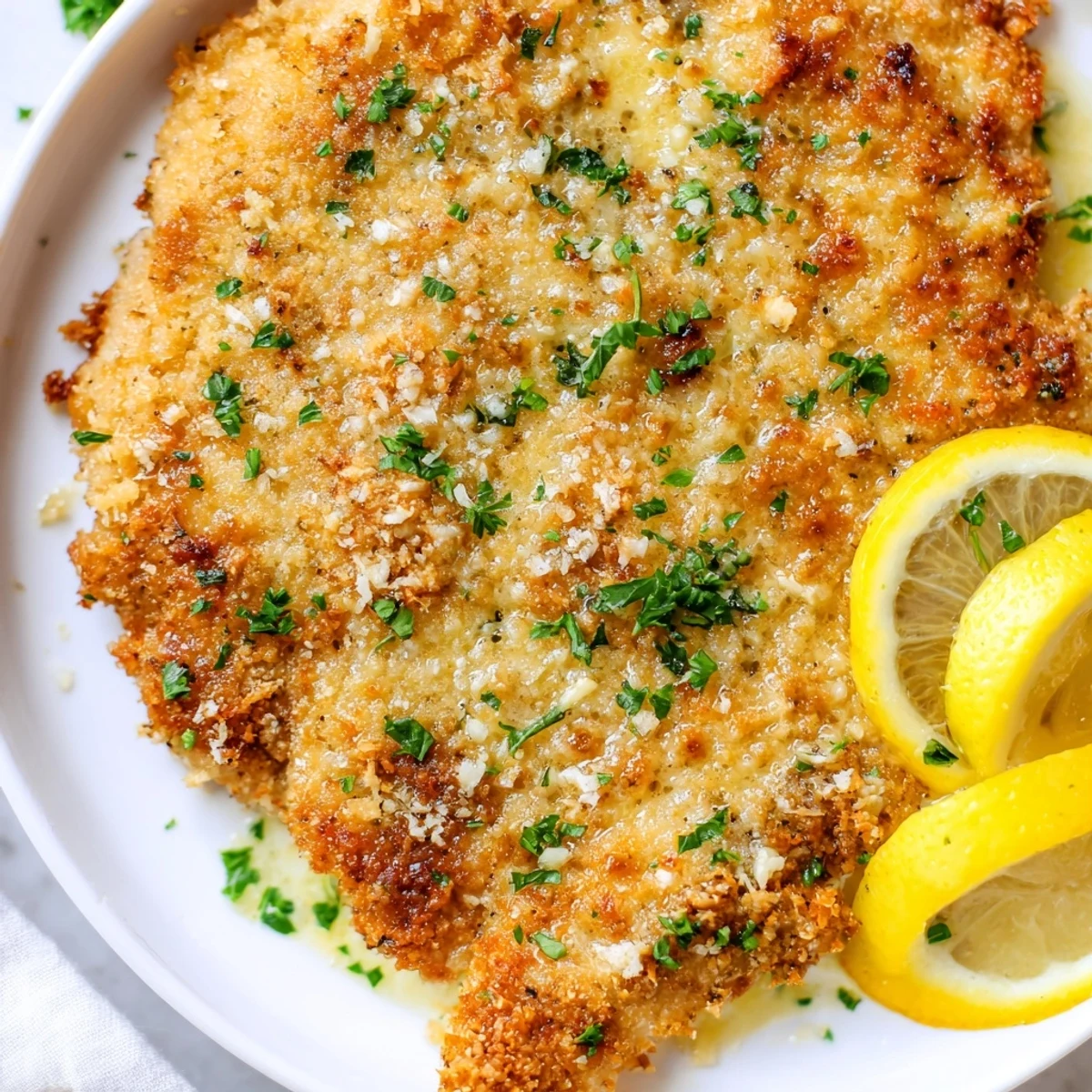 Lemon Chicken Romano: golden crusted cutlets with buttery lemon sauce, parsley garnish