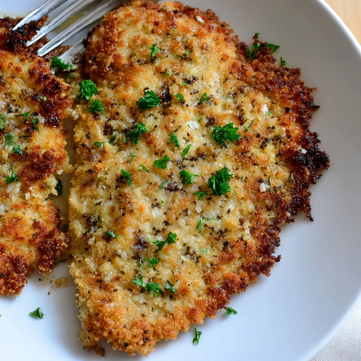Lemon Chicken Romano with crunchy cheesy crust, tender interior, bright lemon zest
