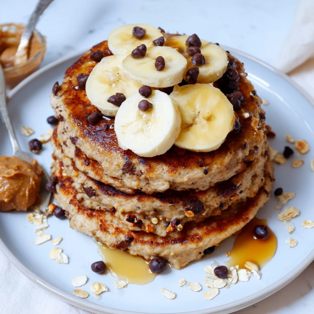 Protein Banana Pancakes stacked, golden edges, sliced bananas and maple drizzle