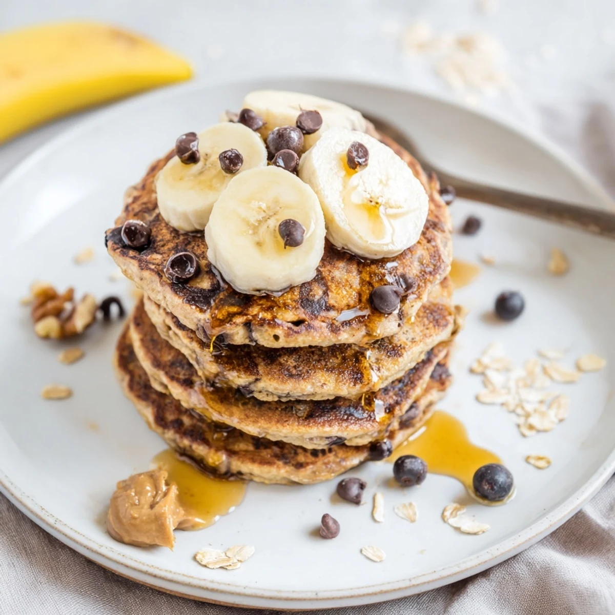 Warm Protein Banana Pancakes on a plate with berries and nut butter