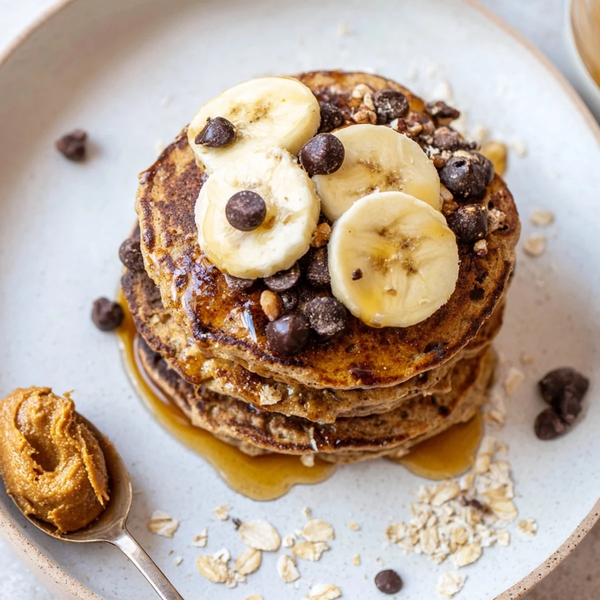Fluffy Protein Banana Pancakes cooking on griddle, bubbling tops, ready to serve