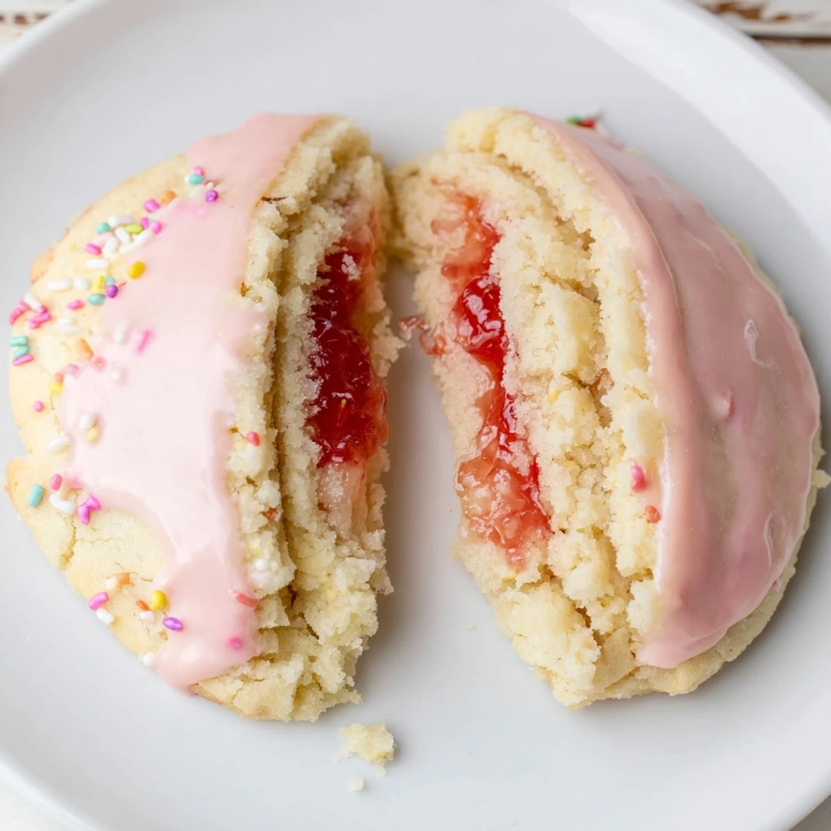 Warm Strawberry Pop Tart Cookies with glossy pink glaze and rainbow sprinkles
