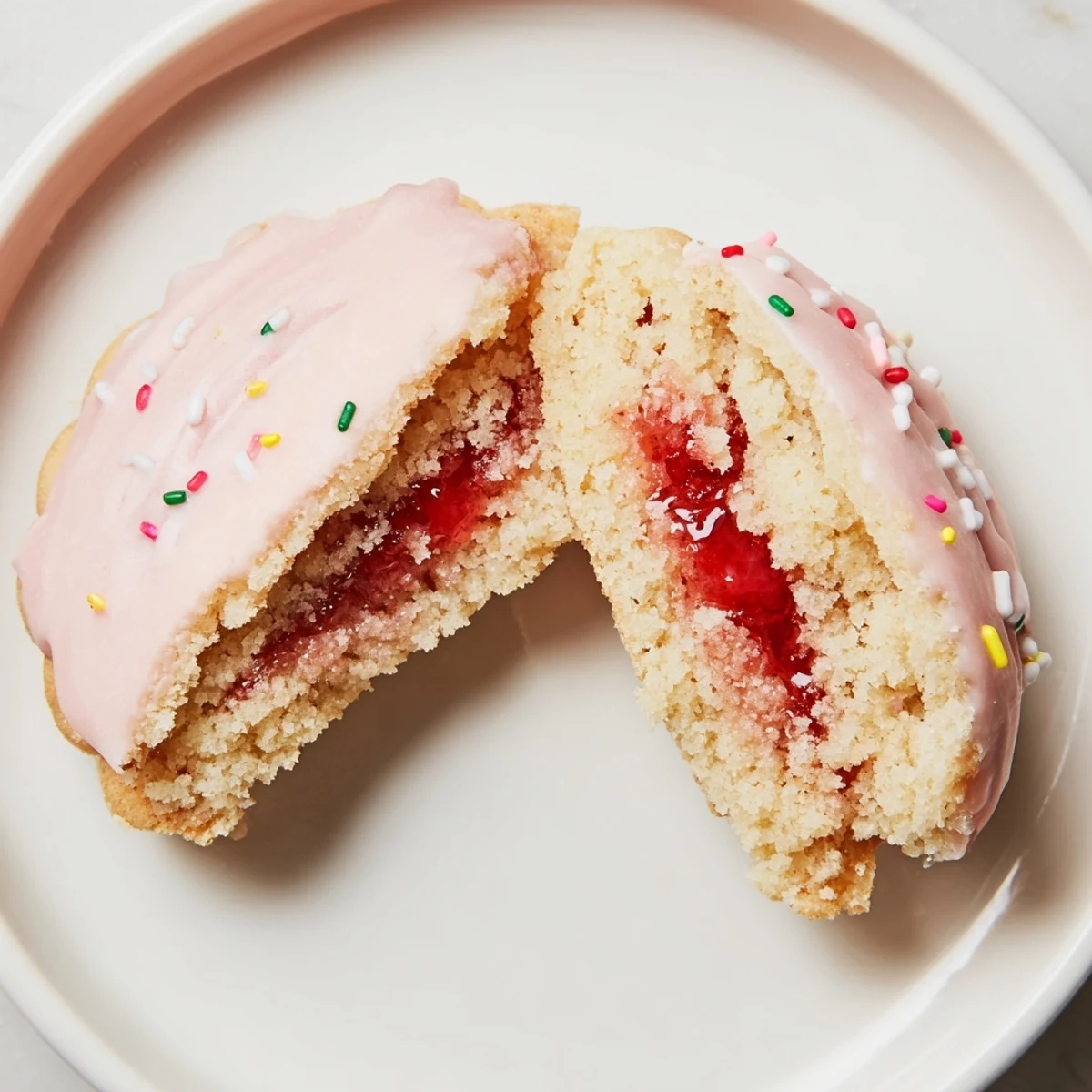 Stack of Strawberry Pop Tart Cookies showing jam center oozing, buttery edges