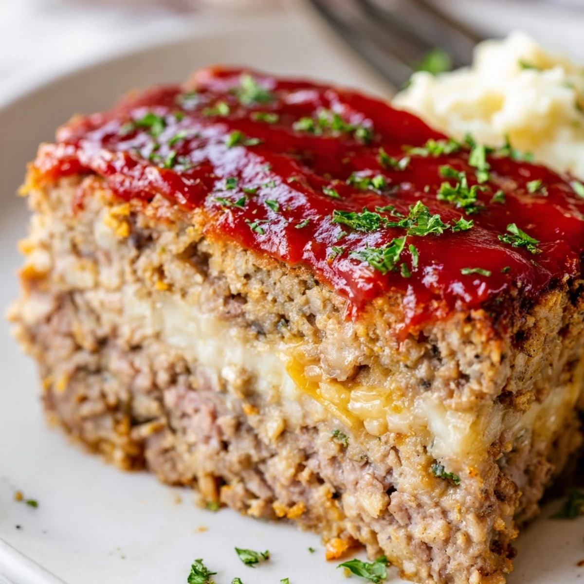 Meatloaf Casserole bubbling with golden cheddar, creamy mashed potatoes, oven-warm aroma