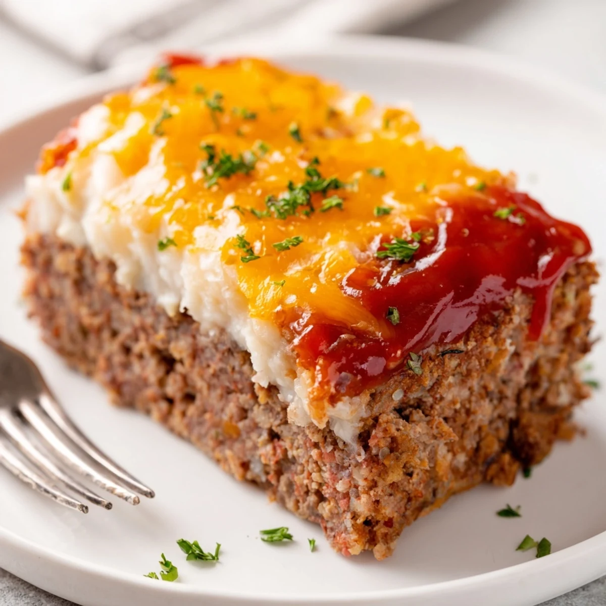 Slice of Meatloaf Casserole on plate, savory ketchup glaze and parsley