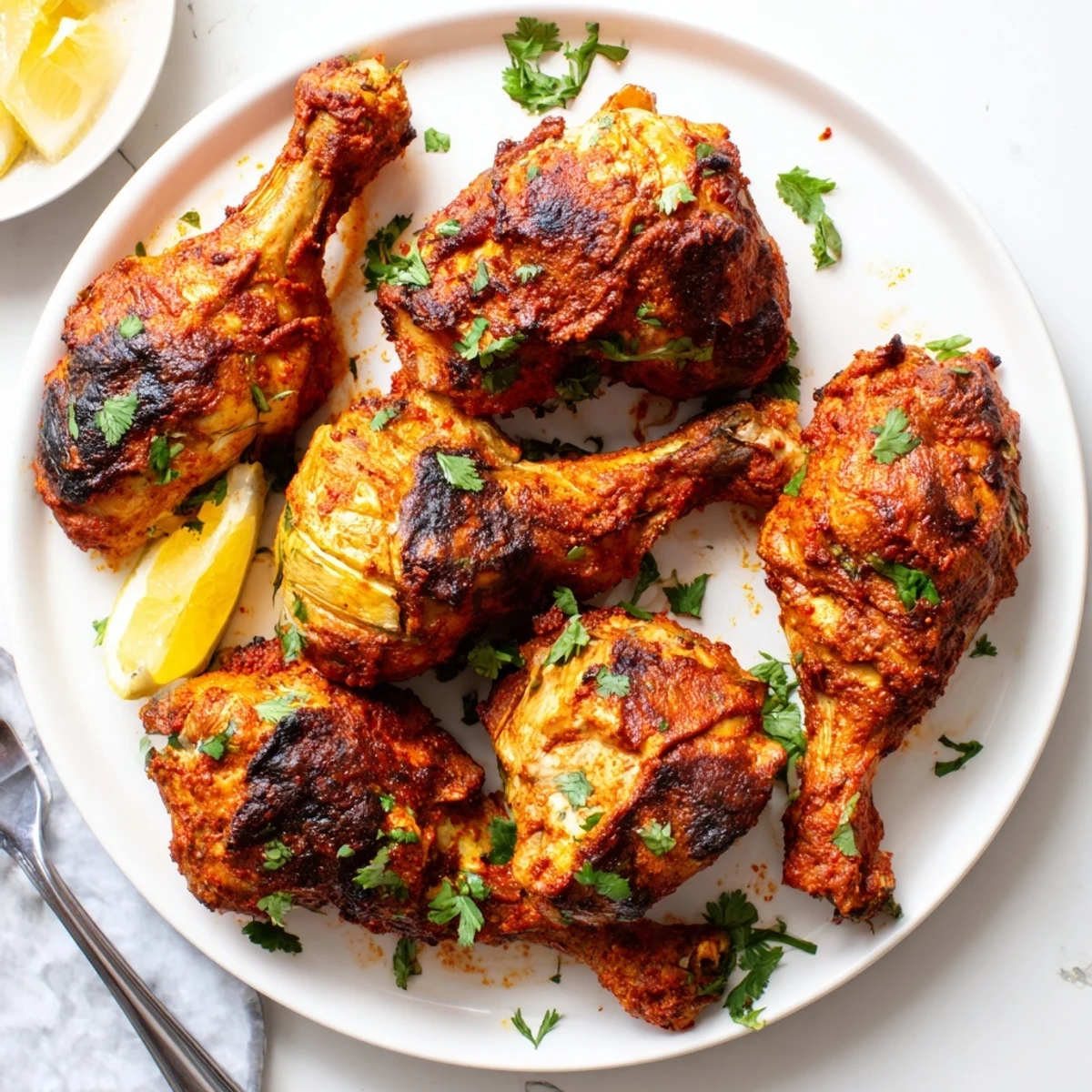 Tandoori Chicken sizzling with charred edges, garnished with cilantro and lemon