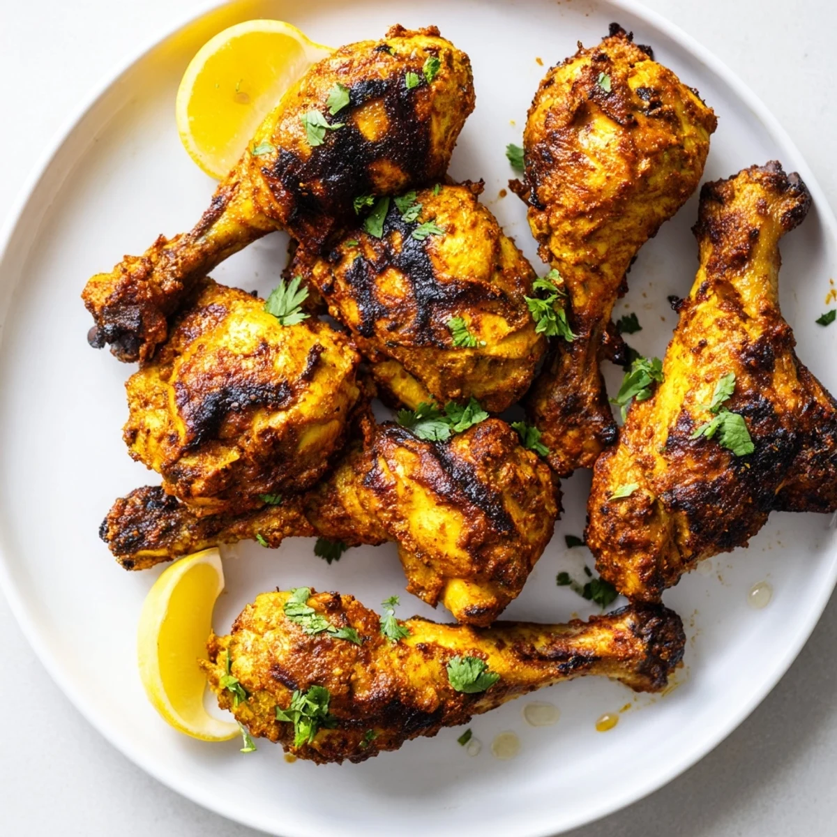Grilled Tandoori Chicken darkly smoky, tender meat releasing fragrant ginger garlic aroma