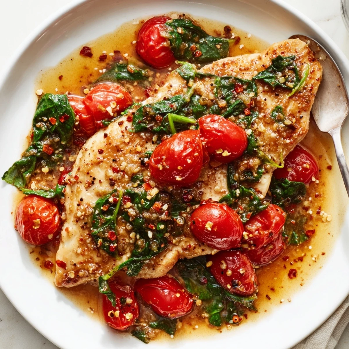Tomato Spinach White Wine Chicken sizzling in skillet with juicy tomatoes and wilted spinach