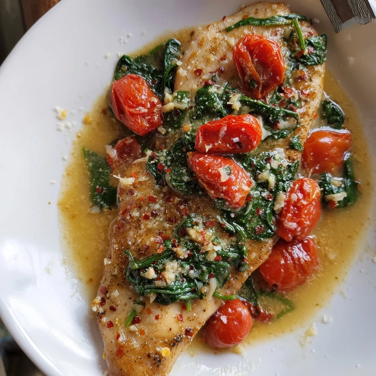 Light Tomato Spinach White Wine Chicken served over pasta with crusty bread