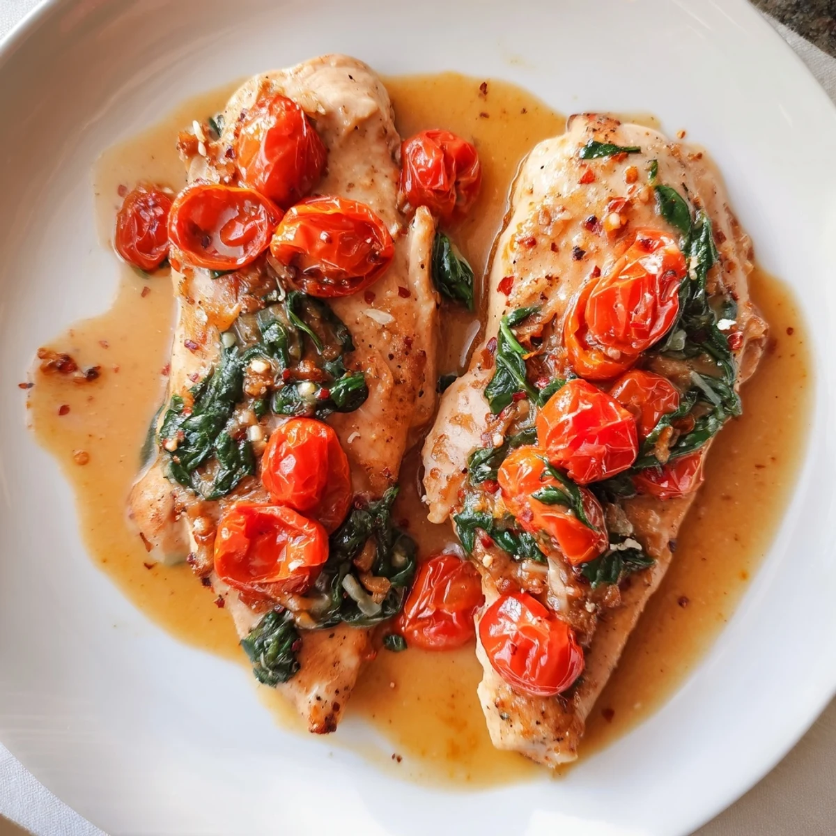 Pan-seared Tomato Spinach White Wine Chicken topped with grated Parmesan and lemon zest