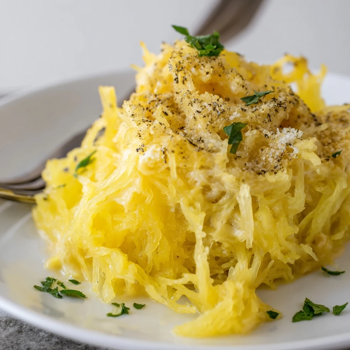 Shredded, fork-tender Spaghetti Squash Mac Cheese enveloped in creamy cheddar sauce.
