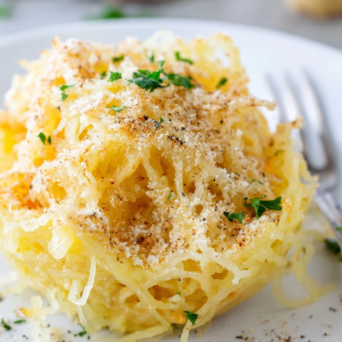 Creamy Spaghetti Squash Mac Cheese topped with golden breadcrumbs, steaming and savory.