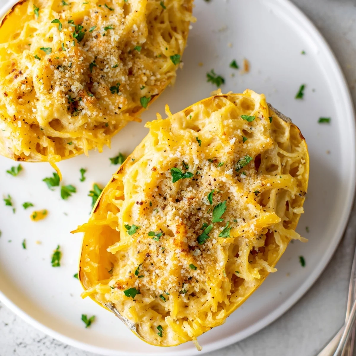 Oven-roasted Spaghetti Squash Mac Cheese served warm with extra Parmesan and herbs.